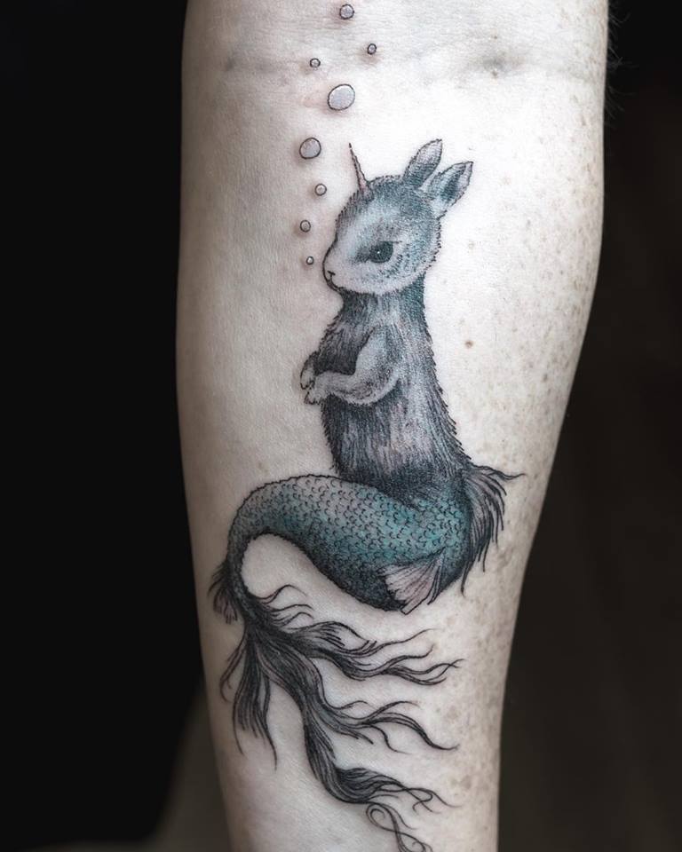 Squirrel Mermaid Color Tattoo on forearm by tattoo artist, Alan Lott at Sacred Mandala Studio - the best custom tattoo and art gallery in the triangle of North Carolina - Raleigh, Durham, Chapel Hill.