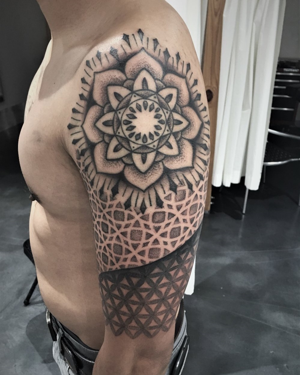Black and Grey Mandala Sleeve done by tattoo artist, Alan Lott. Tattoo done at Sacred Mandala Studios in Durham, North Carolina.