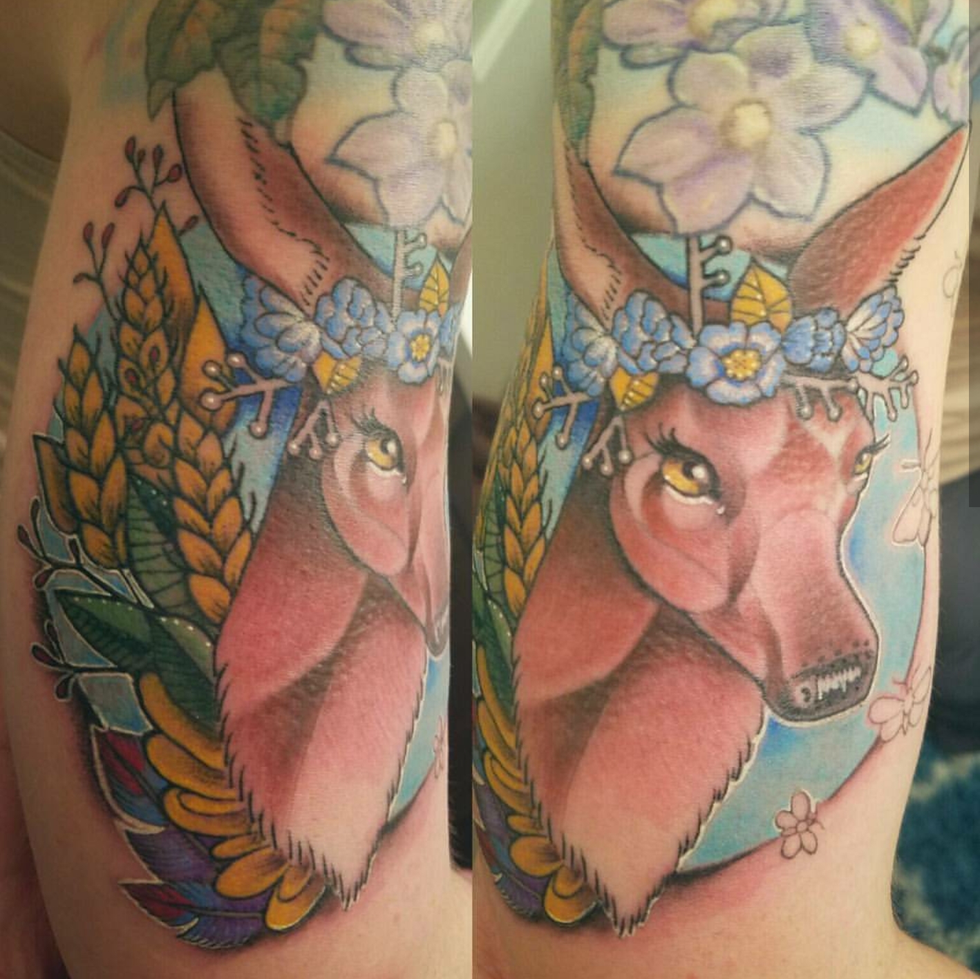 Color Deer Portrait with Crown of Flowers tattoo done by Tattoo Artist John Campbell for Sacred Mandala Studio in Durham, NC. The Premium Custom Tattoo Parlor and Art Gallery in the Triangle - Raleigh, Durham, Chapel Hill, NC.