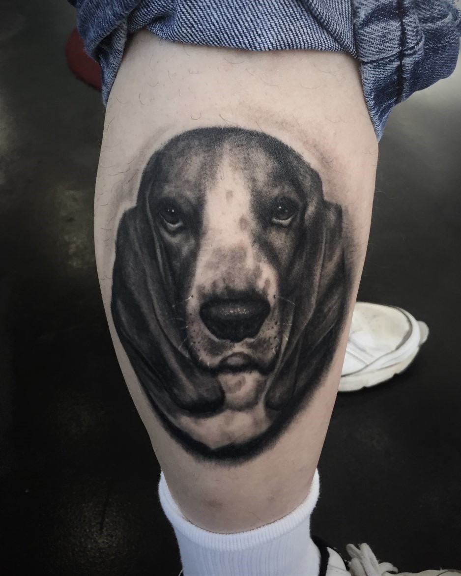Dog Portrait Tattoo in Black And Grey. Tattoo of a Basset Hound done by Tattoo Artist Alan Lott at Sacred Mandala Studio in Durham, NC.