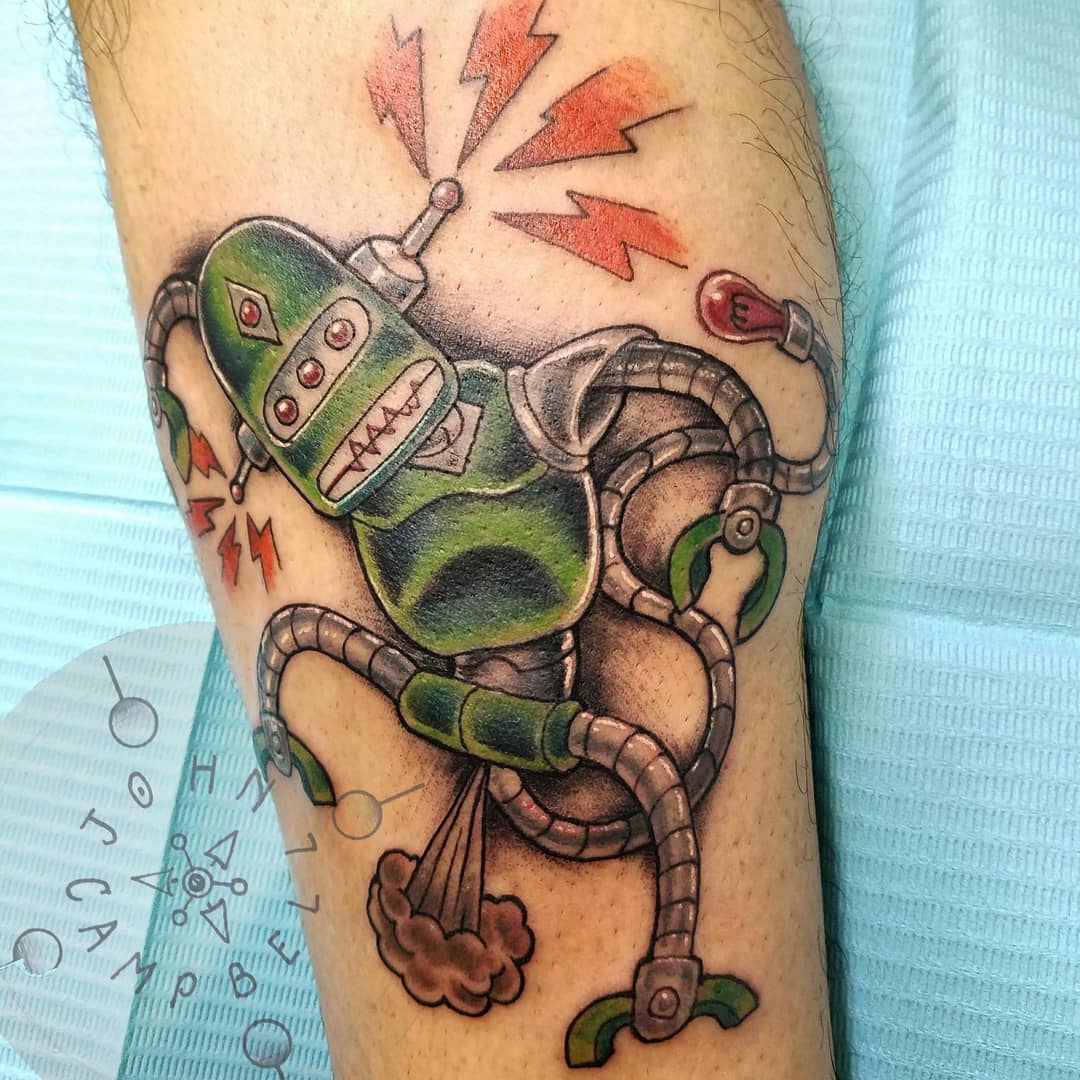 Four Eyed Robot Color Tattoo by John Campbell for Sacred Mandala Studio in Durham, NC.