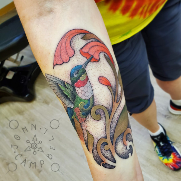 Hummingbird full color forearm tattoo. Book a custom tattoo with John at Sacred Mandala Studio - Durham, NC.
