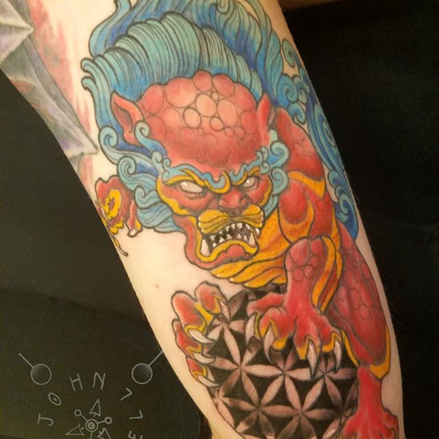 Foo Dog Tattoo in Color - created by John Campbell in Durham, NC at Sacred Mandala Studio.