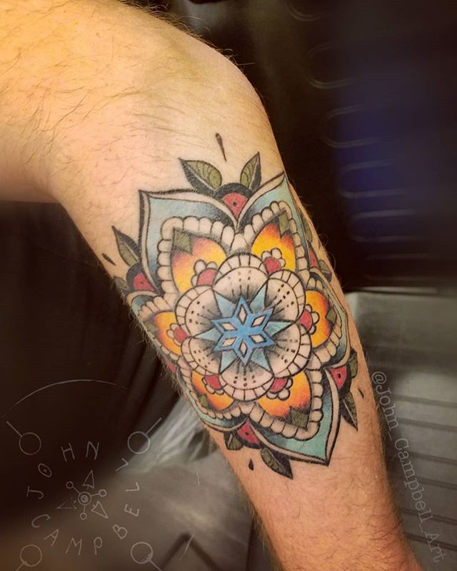 Another beautiful colored mandala tattoo created by Sacred Mandala Studio's John Campbell in Durham, NC.