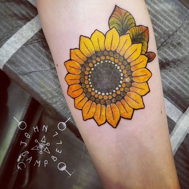 Color Tattoo of a Sunflower done by John Campbell at Sacred Mandala Studio in Durham, NC.