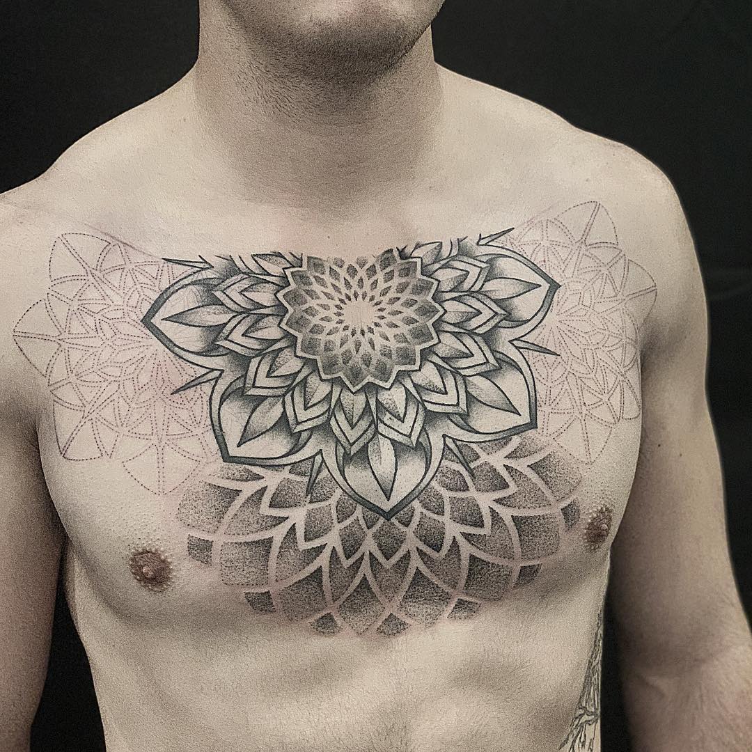 Full Chest Mandala Tattoo in Black and Grey - progress picture by ...