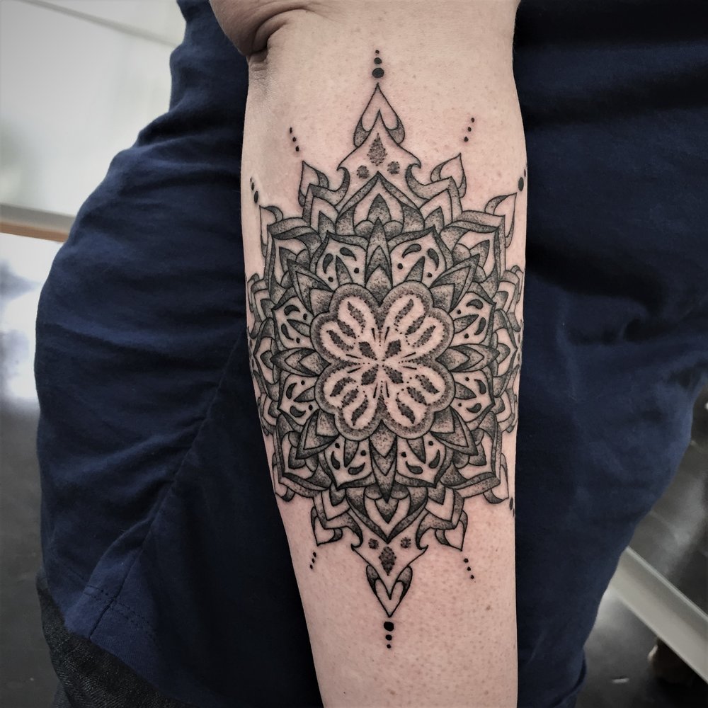 Intricate Mandala Forearm Tattoo in Black and Grey done by Tattoo artist Alan Lott at Sacred Mandala Studio in Durham, NC.