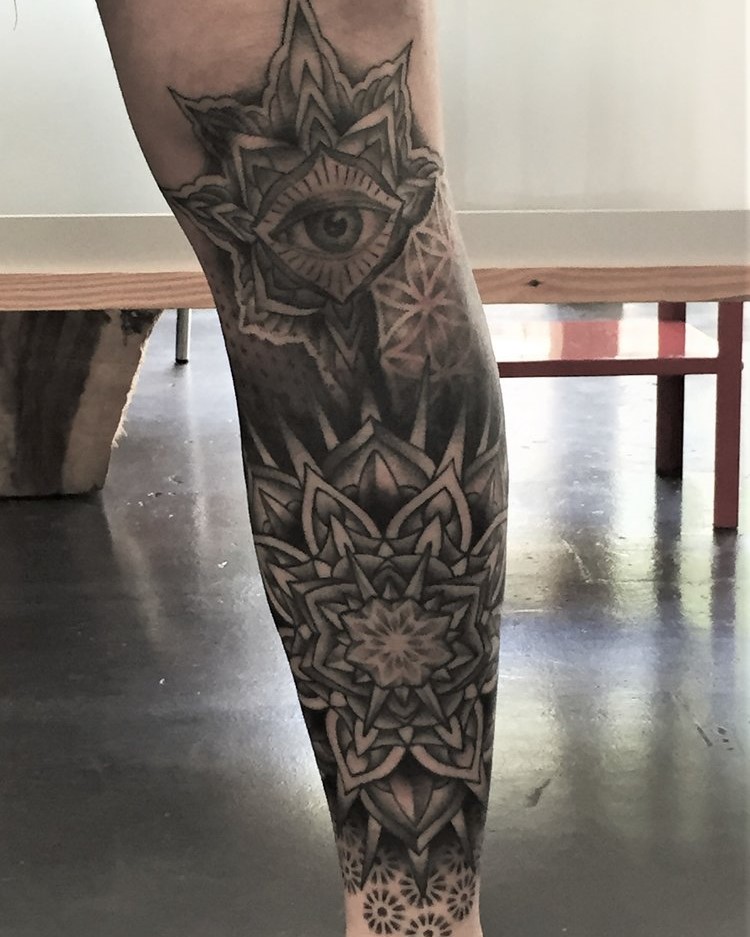 Mandala Lower Leg Sleeve Tattoo in Black and Grey created by Tattoo Artist Alan Lott at Sacred Mandala Studio in Durham, NC.