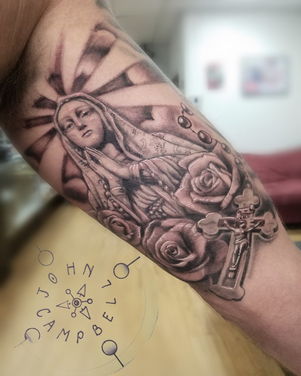 Black and Grey Mary with Roses - Rosary tattoo created by Tattoo Artist John Campbell at Sacred Mandala Studio in Durham, NC.