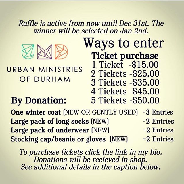 Sacred Mandala Resident Tattoo Artist, Ray Durham, is generously raffling off 5 hours of tattooing. Entries are made through donations to benefit Urban Ministries of Durham to help keep those less fortunate warm for the winter. The winner will be selected on January 2, 2019.