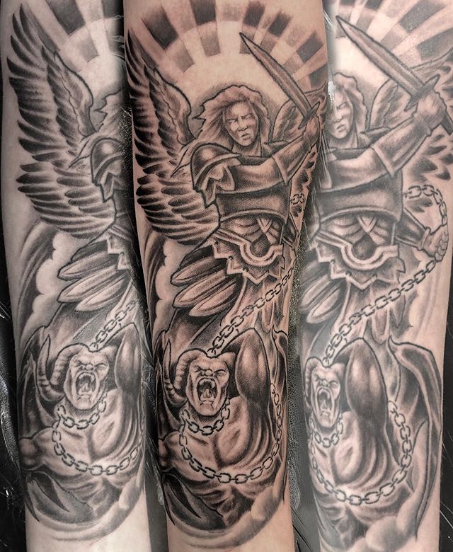 Avenging angel tattoo. Book a custom tattoo with Chris at Sacred Mandala Studio - Durham, NC.