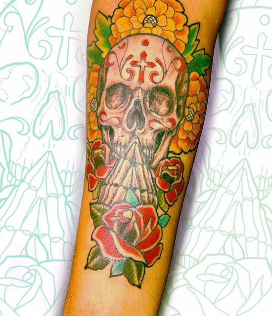 Full color skull and rose tattoo. Book a custom tattoo with Chris at Sacred Mandala Studio - Durham, NC.