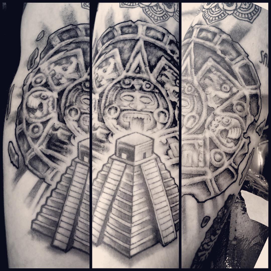 Black and white aztec tattoo. Book a custom tattoo with Chris at Sacred Mandala Studio - Durham, NC.