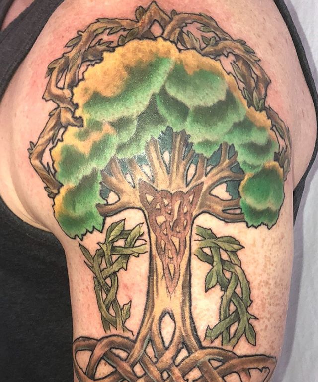 Color tree tattoo. Book a custom tattoo with Chris at Sacred Mandala Studio - Durham, NC.