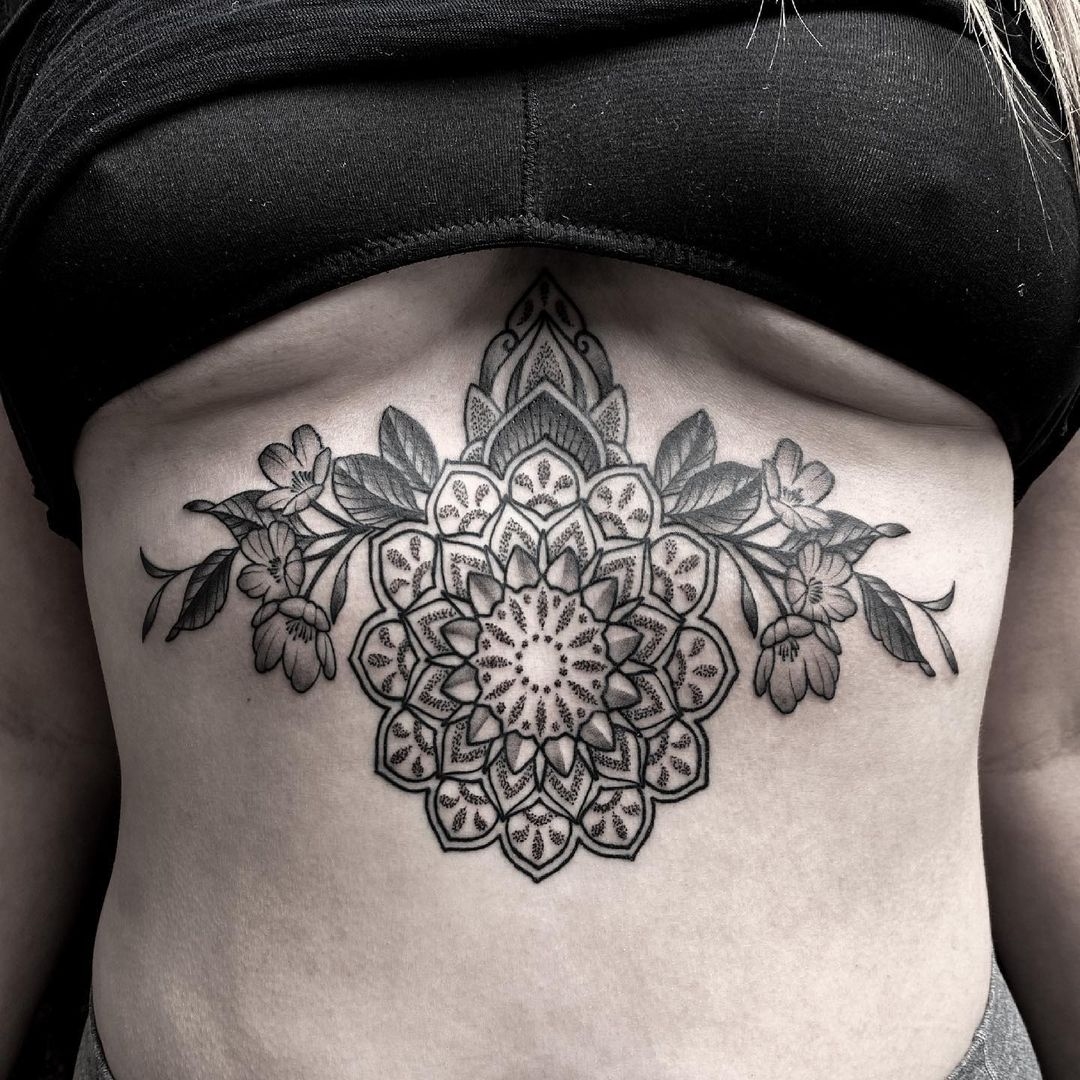 Black and grey mandala with flowers - another classic example of the gorgeous fine line black and grey mandala work by tattoo artist Alan Lott at Sacred Mandala Studio in Durham, NC
